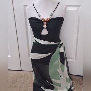 Black One-Piece Swimsuit with Beaded Detail & Sarong